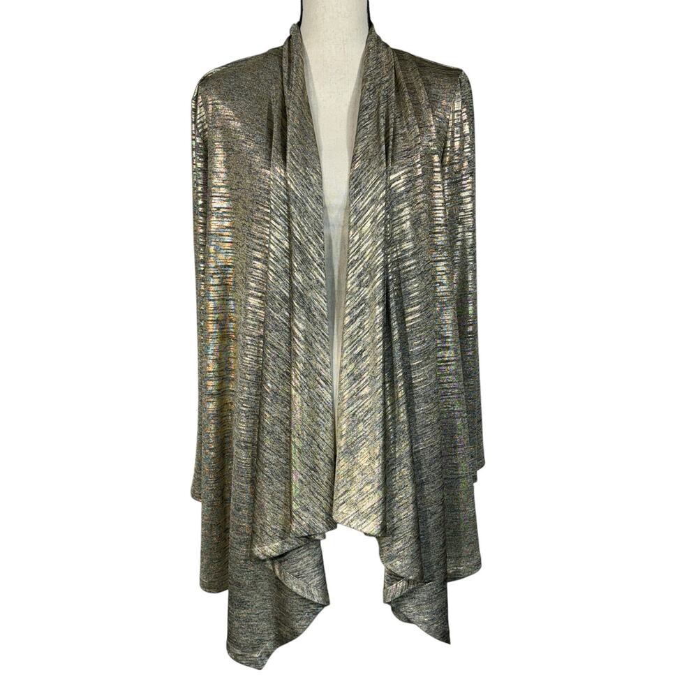 Calvin Klein Large Flyaway Draped Jacket Open Front Long Sleeve Gold Metallic